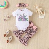 Baby Girls Happy Easter Two Pieces Baby Bunny Suits Bowknot Leopard Flared Pants Set