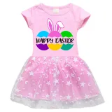 Girls Yarn Skirt Happy Easter Bunny Ears Eggs Slogan Long And Short Sleeve Dress
