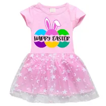 Girls Yarn Skirt Happy Easter Bunny Ears Eggs Slogan Long And Short Sleeve Dress