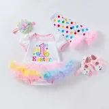 Baby Girls My First Easter 4 Pieces Short Sleeve Tutu Dress with Baby Socks and Headscarf