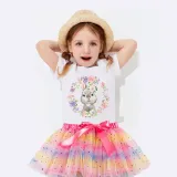Girl Two Pieces Rainbow TuTu Happy Easter Bunny Wreath Princess Bubble Skirt