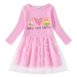 Girls Yarn Skirt Happy Easter Peace Love Bunny Long And Short Sleeve Dress