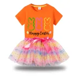 Girl Two Pieces Rainbow TuTu Happy Easter Rabbits Princess Bubble Skirt