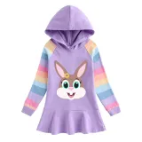 Girls Rainbow Happy Easter Cute Bunny Long And Short Sleeve Casual Skirt