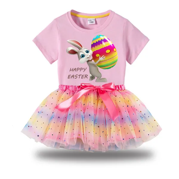 Girl Two Pieces Rainbow TuTu Happy Easter Egg Bunny Princess Bubble Skirt