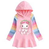 Girls Rainbow Happy Easter Bunny Flower Long And Short Sleeve Casual Skirt