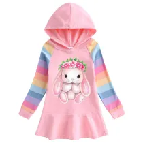 Girls Rainbow Happy Easter Bunny Flower Long And Short Sleeve Casual Skirt