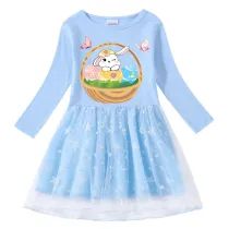 Girls Yarn Skirt Happy Easter Basket Bunny Flower Butterfly Long And Short Sleeve Dress