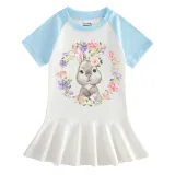 Girls Rainbow Happy Easter Bunny Wreath Long And Short Sleeve Casual Skirt