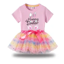 Girl Two Pieces Rainbow TuTu Happy Easter Bunny Love Princess Bubble Skirt