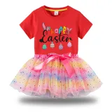 Girl Two Pieces Rainbow TuTu Happy Easter Eggs Princess Bubble Skirt