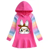 Girls Rainbow Happy Easter Bunny With Glasses Long And Short Sleeve Casual Skirt