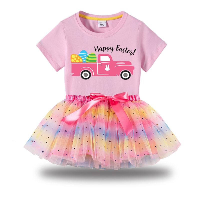 Girl Two Pieces Rainbow TuTu Happy Easter Car Princess Bubble Skirt