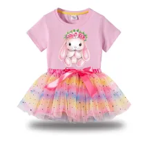 Girl Two Pieces Rainbow TuTu Happy Easter Bunny Flower Princess Bubble Skirt