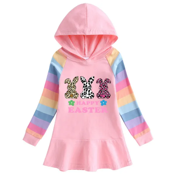 Girls Rainbow Happy Easter Rabbits Long And Short Sleeve Casual Skirt