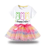 Girl Two Pieces Rainbow TuTu Happy Easter Rabbits Princess Bubble Skirt