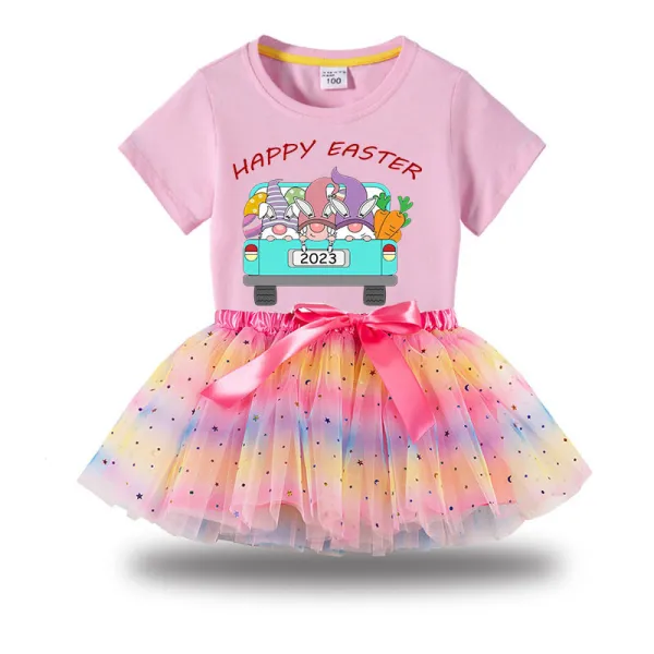 Girl Two Pieces Rainbow TuTu Happy Easter Gnomies Car Princess Bubble Skirt