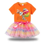 Girl Two Pieces Rainbow TuTu Happy Easter Egg Bunny Princess Bubble Skirt
