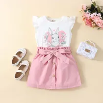 Toddler Girls Easter Holiday Wreath Bunny Rabbit Flying Sleeve Bowknot A-Line Dress