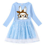 Girls Yarn Skirt Happy Easter Bunny With Glasses Long And Short Sleeve Dress