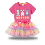 Girl Two Pieces Rainbow TuTu Happy Easter Rabbits Princess Bubble Skirt