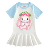 Girls Rainbow Happy Easter Bunny Flower Long And Short Sleeve Casual Skirt