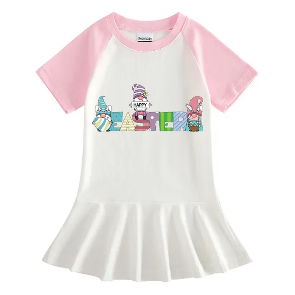 Girls Rainbow Happy Easter Slogan Gnomies Long And Short Sleeve Casual Skirt