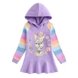 Girls Rainbow Happy Easter Bunny Wreath Long And Short Sleeve Casual Skirt