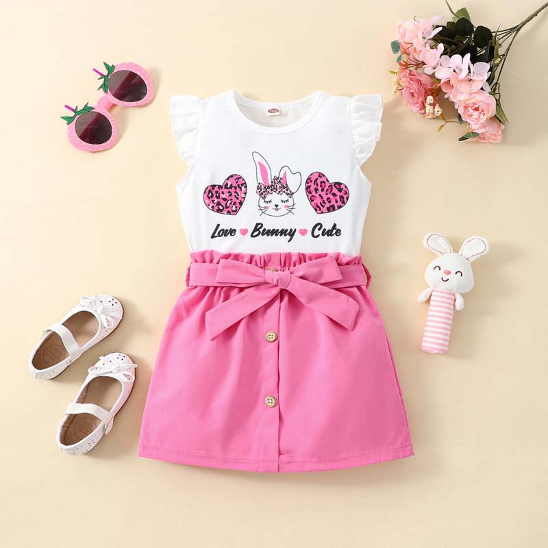 Toddler Girls Easter Holiday Love Bunny Cute Flying Sleeve Bowknot A-Line Dress
