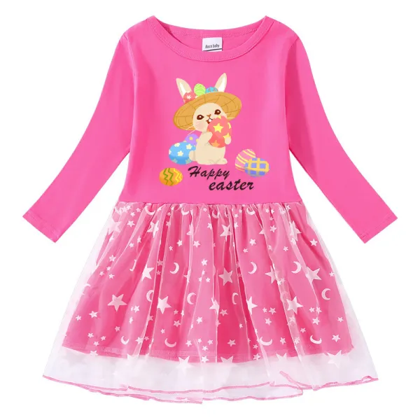 Girls Yarn Skirt Happy Easter Egg Bunny Long And Short Sleeve Dress