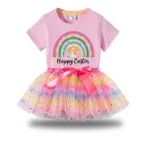 Girl Two Pieces Rainbow TuTu Happy Easter Rainbow Bunny Princess Bubble Skirt