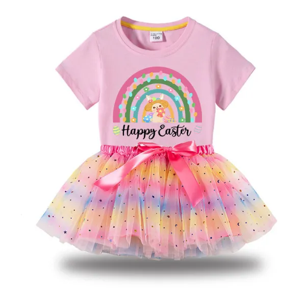 Girl Two Pieces Rainbow TuTu Happy Easter Rainbow Bunny Princess Bubble Skirt