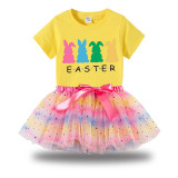 Girl Two Pieces Rainbow TuTu Happy Easter Rabbits Princess Bubble Skirt