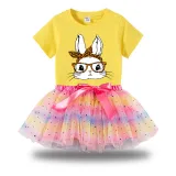 Girl Two Pieces Rainbow TuTu Happy Easter Bunny With Glasses Princess Bubble Skirt