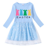 Girls Yarn Skirt Happy Easter Rabbits Long And Short Sleeve Dress