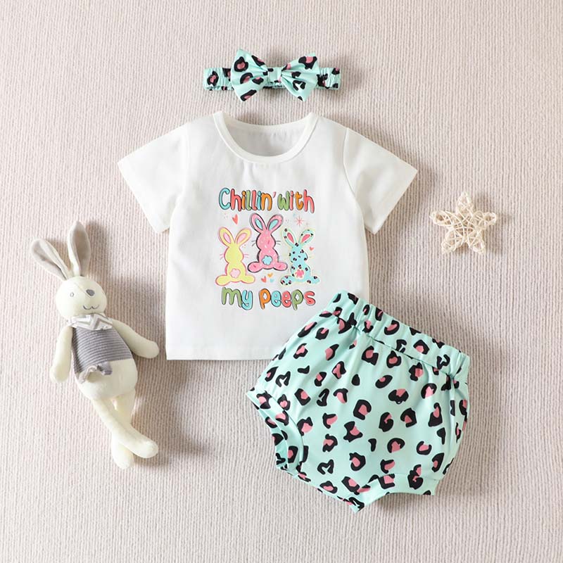 Baby Girls Happy Easter Two Pieces Chillin' with My Peeps T-shirts and Leopard Shorts Set