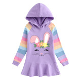 Girls Rainbow Happy Easter Smile Bunny Long And Short Sleeve Casual Skirt