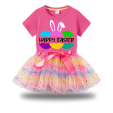 Girl Two Pieces Rainbow TuTu Happy Easter Bunny Ears Eggs Slogan Princess Bubble Skirt