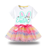 Girl Two Pieces Rainbow TuTu Happy Easter Bunny Ears Princess Bubble Skirt