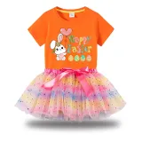 Girl Two Pieces Rainbow TuTu Happy Easter Bunny With Balloon Princess Bubble Skirt