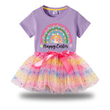 Girl Two Pieces Rainbow TuTu Happy Easter Rainbow Bunny Princess Bubble Skirt