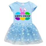 Girls Yarn Skirt Happy Easter Bunny Ears Eggs Slogan Long And Short Sleeve Dress