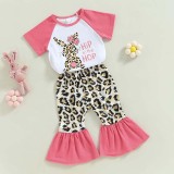 Baby Girls Happy Easter Two Pieces Leopard Rabbit Tops and Flared Pants Set