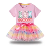 Girl Two Pieces Rainbow TuTu Happy Easter Rabbits Princess Bubble Skirt