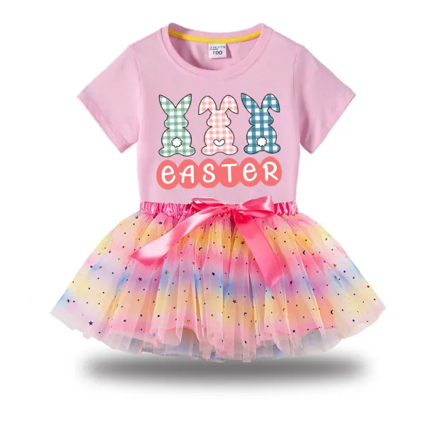 Girl Two Pieces Rainbow TuTu Happy Easter Rabbits Princess Bubble Skirt