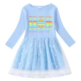 Girls Yarn Skirt Happy Easter Colorful Hop Slogan Long And Short Sleeve Dress