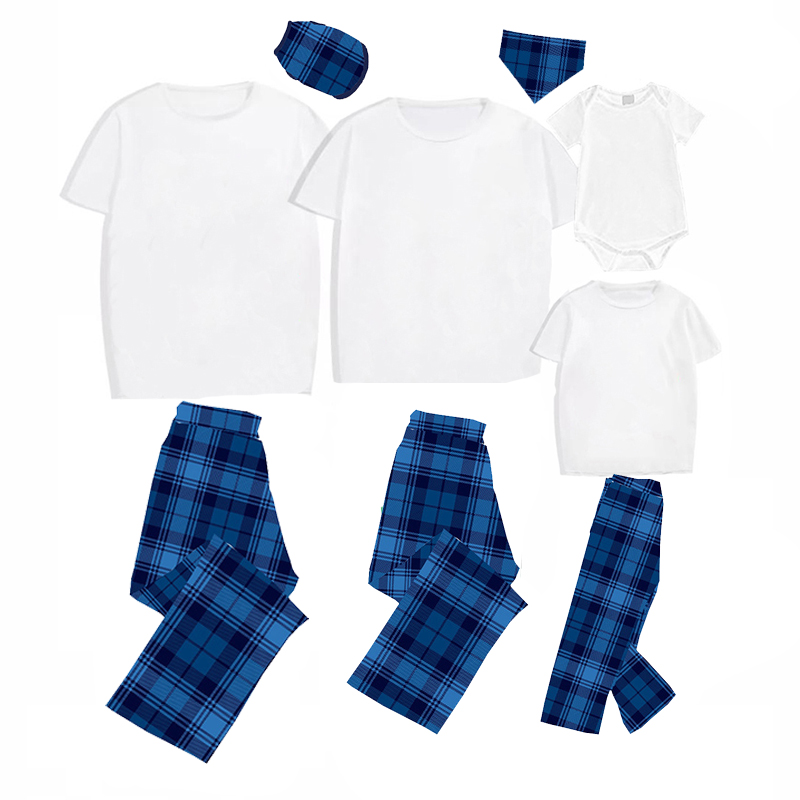Christmas Matching Family Pajamas White Tops Blue Plaid Pants Personalized Custom Design Christmas Pajamas Set With Dog Cloth