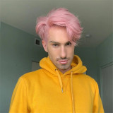 Men's Short Straight Pink Fluffy Hair Wigs Side Parting Wig