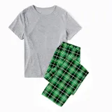 Christmas Matching Family Pajamas Gray Short Sleeve Tops Green Plaid Pants Personalized Custom Design Christmas Pajamas Set With Dog Cloth