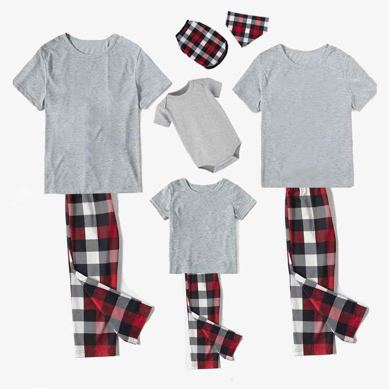 Christmas Matching Family Pajamas Gray Short Sleeve Tops Red White Black Plaid Pants Personalized Custom Design Christmas Pajamas Set With Dog Cloth